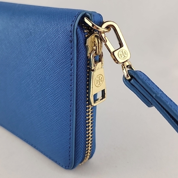 Tory Burch Wallet Wristlet Robinson Continental Leather Royal Blue Zip Around - Picture 6 of 14